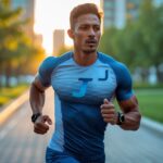 Homem correndo em um parque urbano com roupas esportivas, em um caminho pavimentado cercado por árvores e prédios ao fundo.