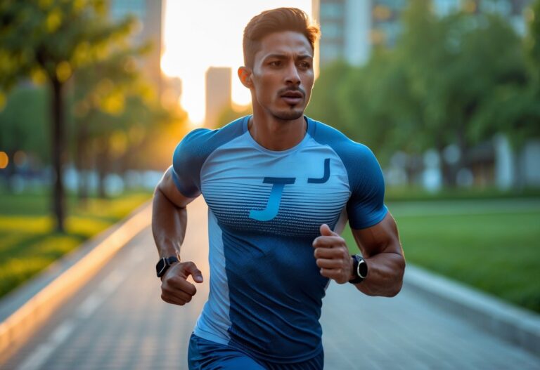 Homem correndo em um parque urbano com roupas esportivas, em um caminho pavimentado cercado por árvores e prédios ao fundo.