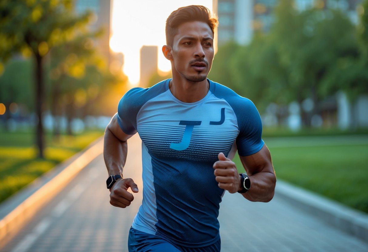 Homem correndo em um parque urbano com roupas esportivas, em um caminho pavimentado cercado por árvores e prédios ao fundo.