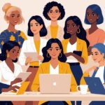 Grupo diversificado de mulheres em diferentes idades e estilos, interagindo em um ambiente clean e minimalista.