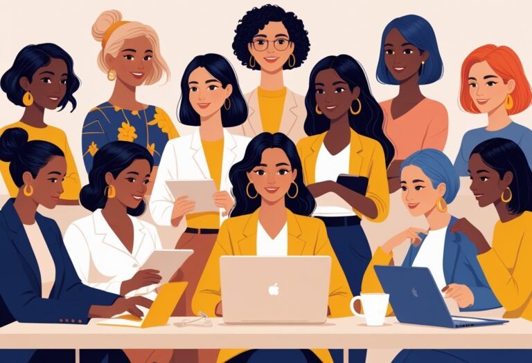 Grupo diversificado de mulheres em diferentes idades e estilos, interagindo em um ambiente clean e minimalista.