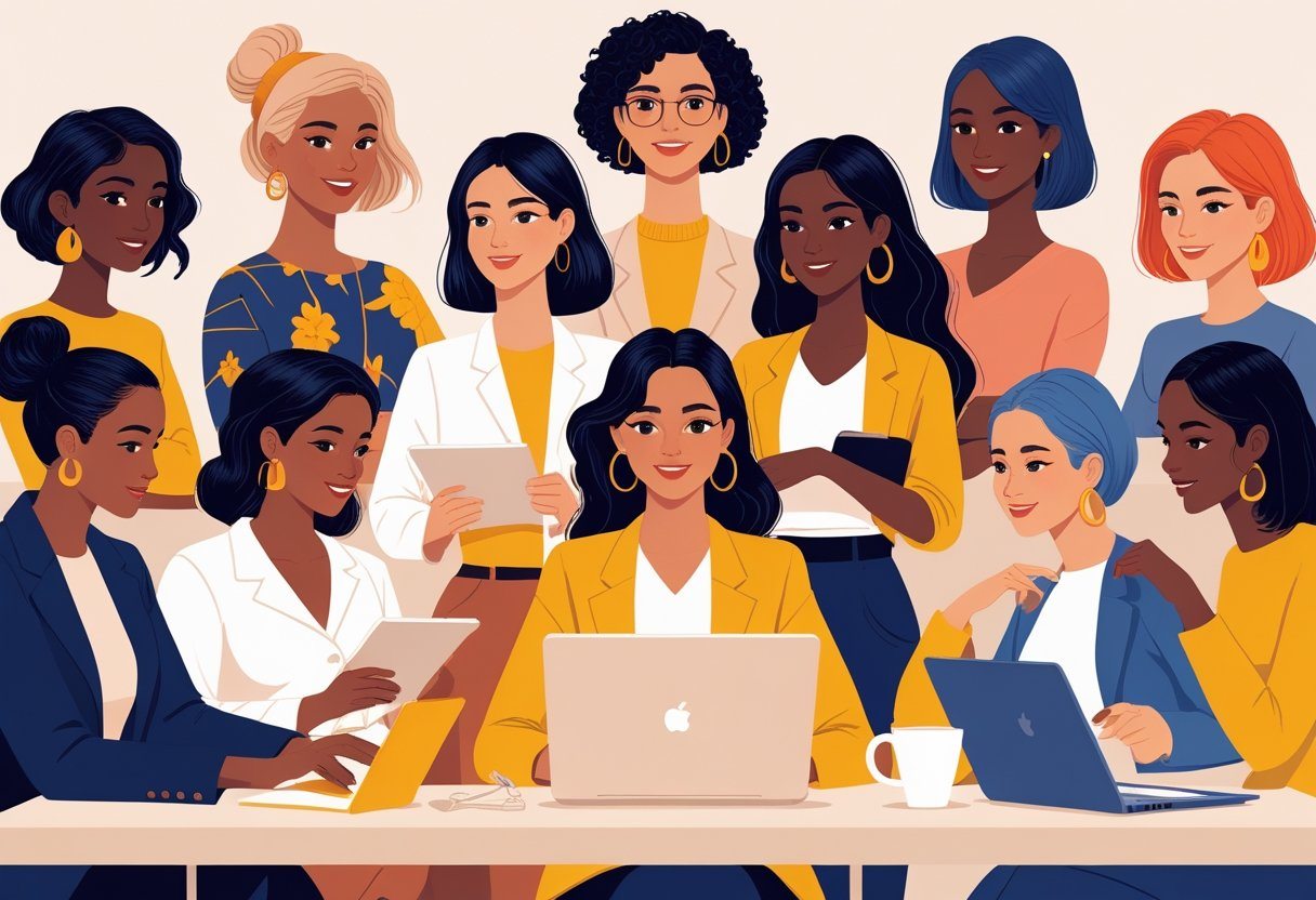 Grupo diversificado de mulheres em diferentes idades e estilos, interagindo em um ambiente clean e minimalista.