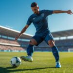 Jogador de futebol masculino em ação em campo verde durante o dia, controlando ou chutando a bola.