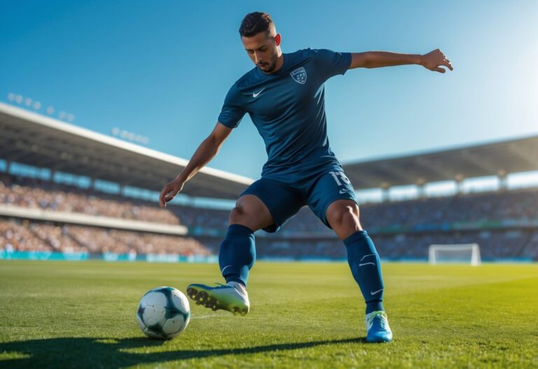 Jogador de futebol masculino em ação em campo verde durante o dia, controlando ou chutando a bola.