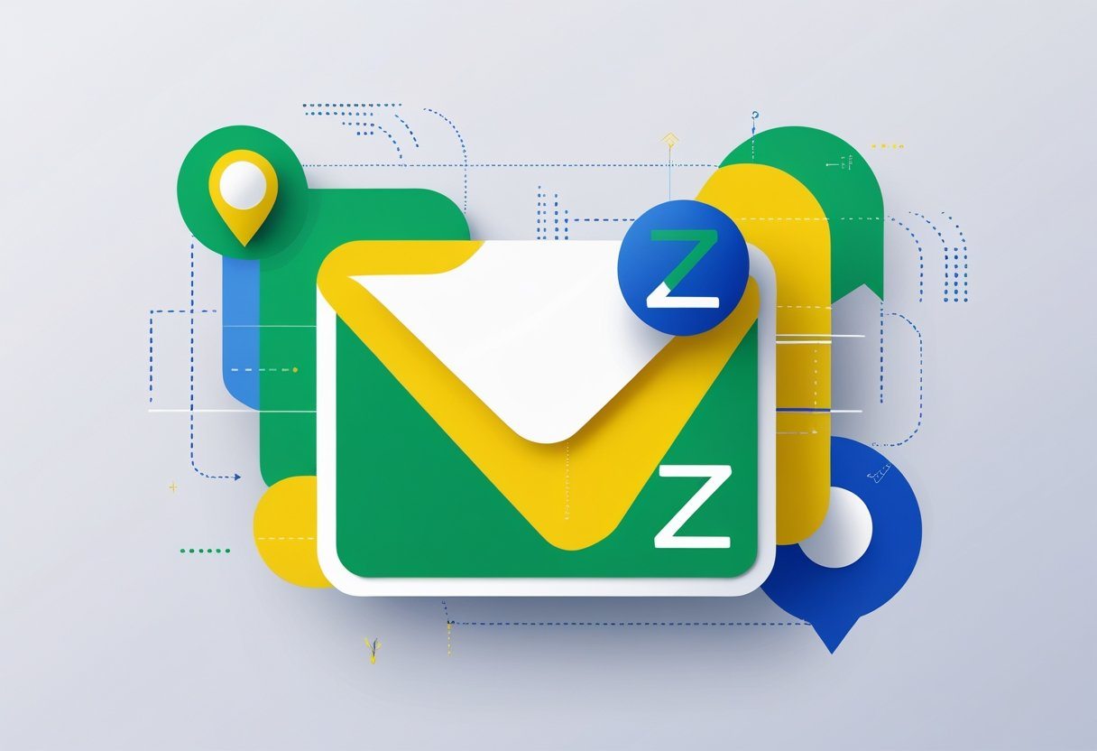 Ícone estilizado de um envelope com a letra Z integrada, rodeado por elementos digitais que representam comunicação e localização.