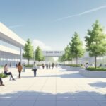 Uma praça urbana moderna com bancos, árvores e pessoas interagindo em um ambiente aberto e tranquilo.