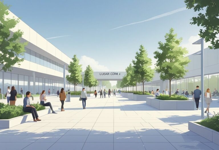 Uma praça urbana moderna com bancos, árvores e pessoas interagindo em um ambiente aberto e tranquilo.