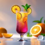 Um copo alto com uma bebida refrescante e colorida, decorado com frutas frescas e hortelã, rodeado por frutas e cubos de gelo sobre uma superfície clara.