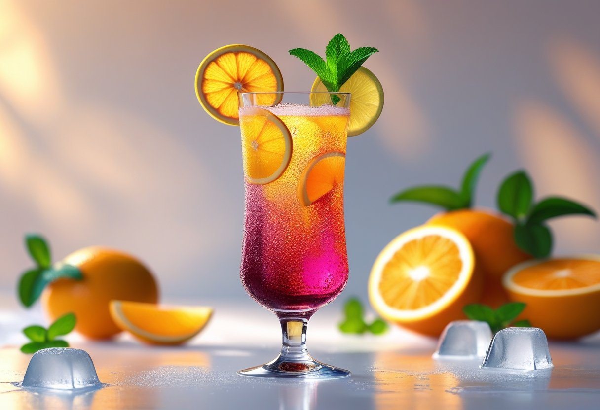 Um copo alto com uma bebida refrescante e colorida, decorado com frutas frescas e hortelã, rodeado por frutas e cubos de gelo sobre uma superfície clara.