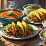 Mesa rústica com sopa de tortilla quente, tacos crocantes recheados e salada tabule fresca dispostos de forma apetitosa.
