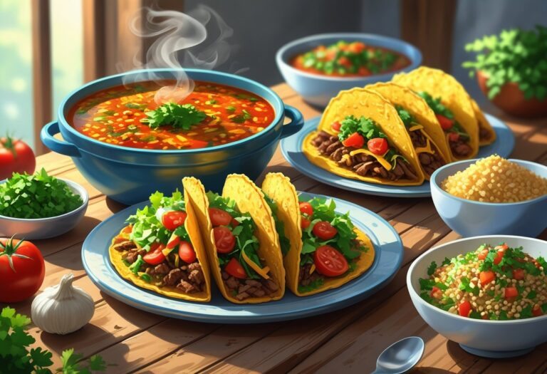 Mesa rústica com sopa de tortilla quente, tacos crocantes recheados e salada tabule fresca dispostos de forma apetitosa.