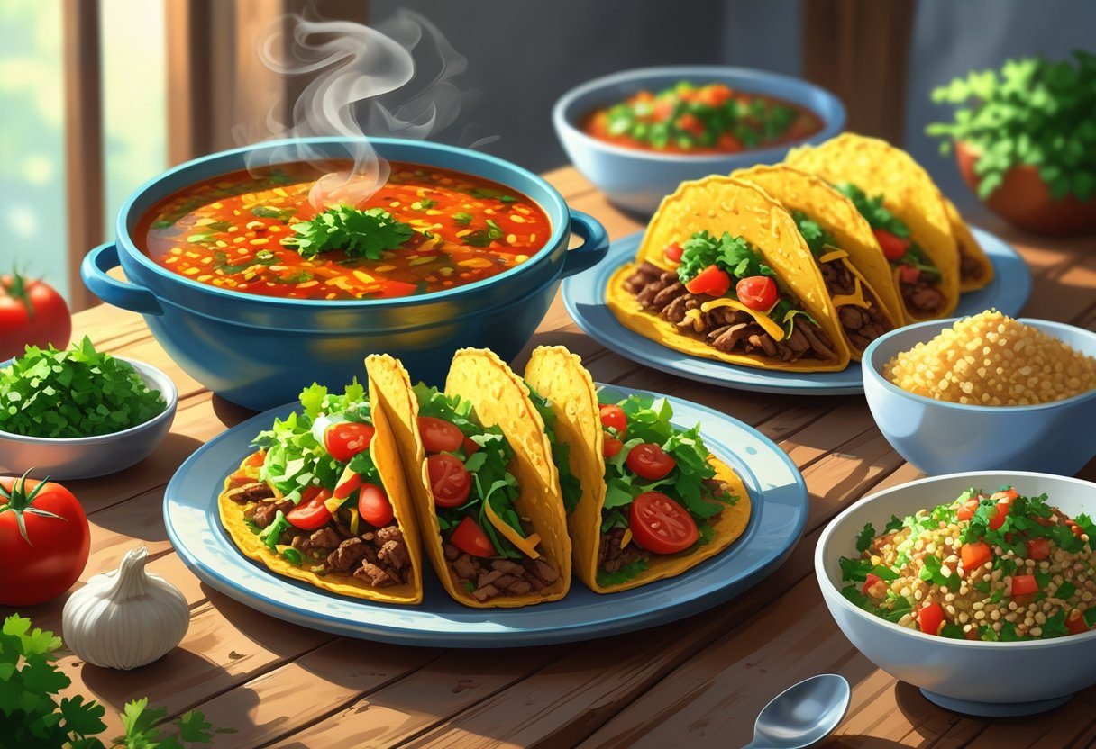 Mesa rústica com sopa de tortilla quente, tacos crocantes recheados e salada tabule fresca dispostos de forma apetitosa.