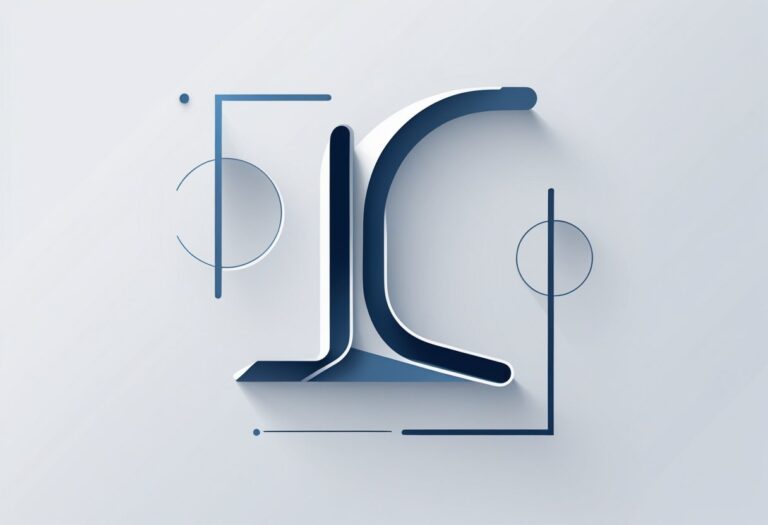 Ilustração de um logotipo estilizado com a letra L em destaque, com linhas limpas e formas geométricas ao redor.