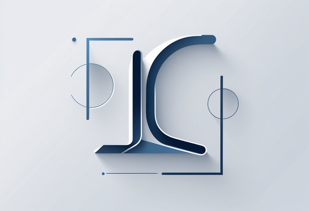 Ilustração de um logotipo estilizado com a letra L em destaque, com linhas limpas e formas geométricas ao redor.