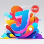 Ilustração mostrando a letra J estilizada cercada por formas coloridas e um símbolo de pare integrado ao redor.