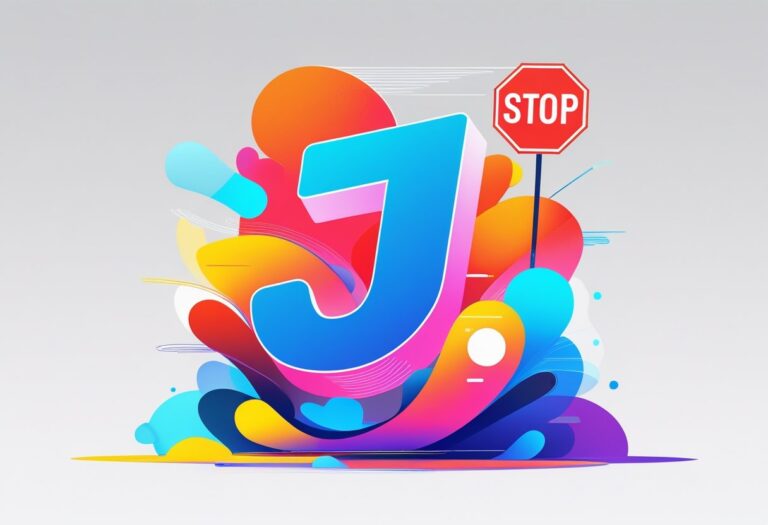 Ilustração mostrando a letra J estilizada cercada por formas coloridas e um símbolo de pare integrado ao redor.