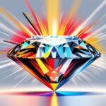 Um diamante colorido e brilhante com cores vibrantes que lembram um sinal de pare, iluminando o espaço ao redor.