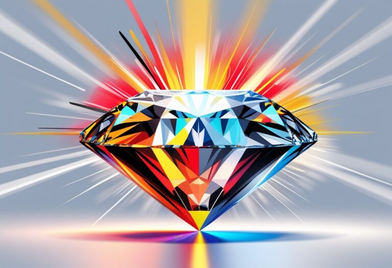 Um diamante colorido e brilhante com cores vibrantes que lembram um sinal de pare, iluminando o espaço ao redor.