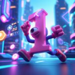 Cena de um jogo com a letra I como personagem principal em uma cidade futurista iluminada por luzes neon.