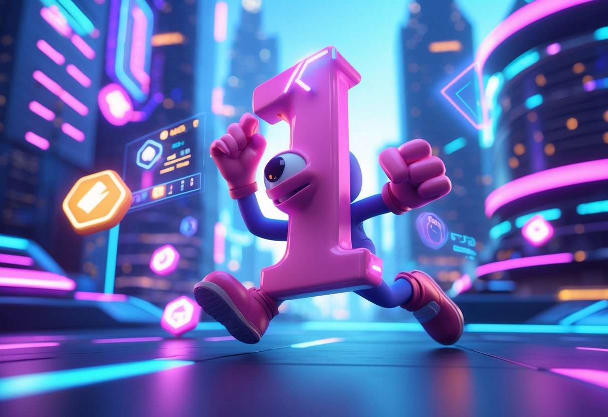 Cena de um jogo com a letra I como personagem principal em uma cidade futurista iluminada por luzes neon.