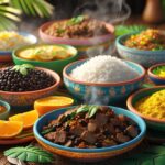 Mesa rústica com uma variedade de pratos tradicionais brasileiros, incluindo feijoada, farofa, arroz branco, laranja fatiada e vinagrete, tudo disposto de forma atraente.