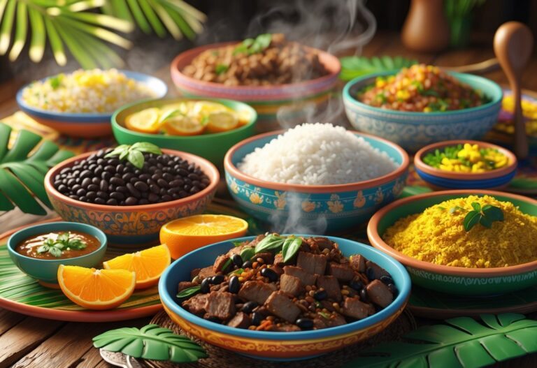Mesa rústica com uma variedade de pratos tradicionais brasileiros, incluindo feijoada, farofa, arroz branco, laranja fatiada e vinagrete, tudo disposto de forma atraente.