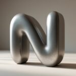 Objeto tridimensional em forma da letra 'n' com superfície metálica sobre fundo neutro.
