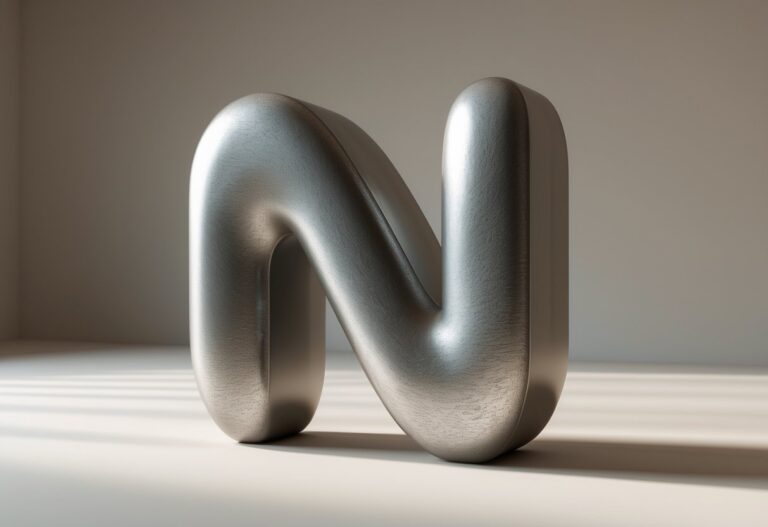 Objeto tridimensional em forma da letra 'n' com superfície metálica sobre fundo neutro.