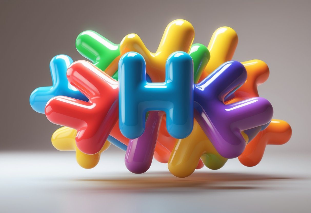 Vários núcleos coloridos em forma de letra H flutuando juntos em um fundo neutro.