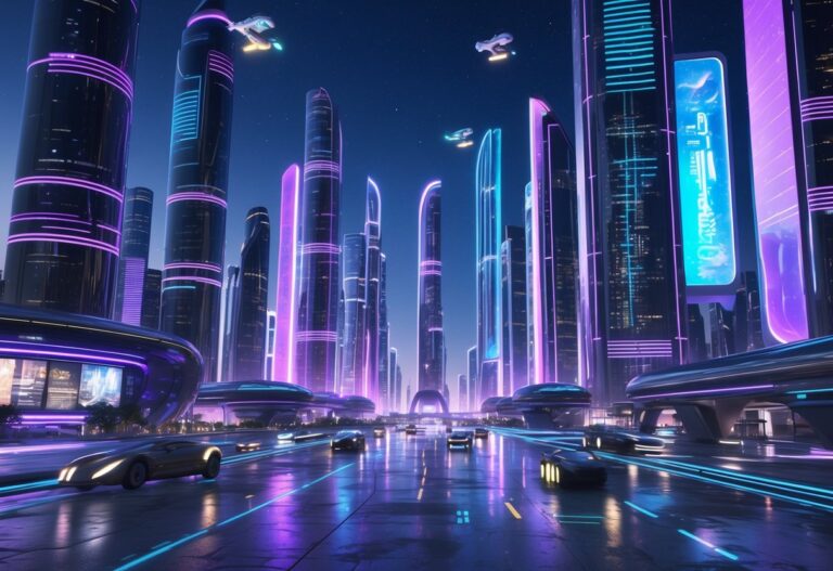 Uma cidade futurista à noite com arranha-céus iluminados e veículos voadores entre os prédios.