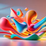 Composição abstrata colorida com formas geométricas e fluidas flutuando em um espaço iluminado.