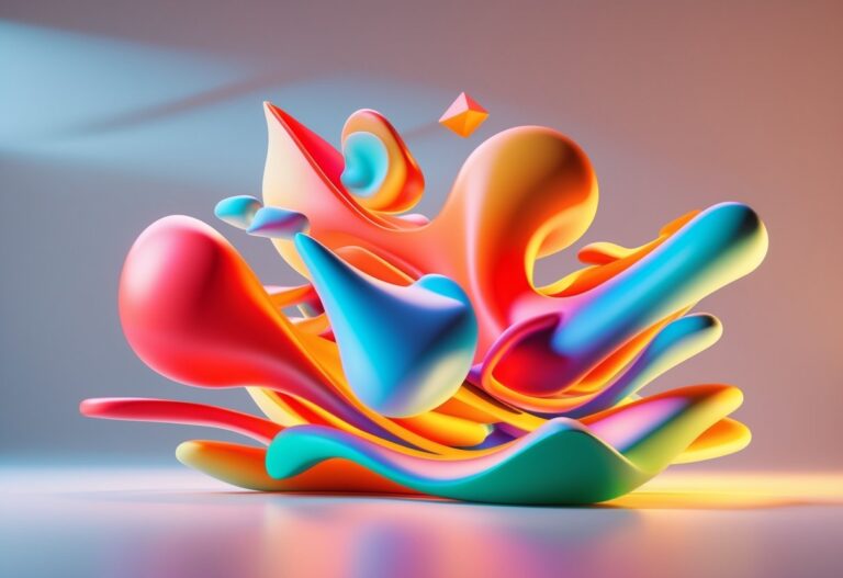 Composição abstrata colorida com formas geométricas e fluidas flutuando em um espaço iluminado.