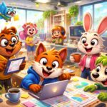 Cena de escritório moderno com personagens animados coloridos trabalhando juntos em um ambiente iluminado e criativo.
