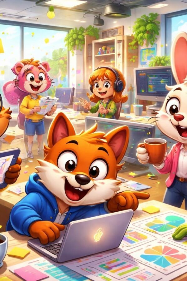 Cena de escritório moderno com personagens animados coloridos trabalhando juntos em um ambiente iluminado e criativo.