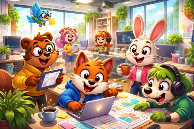 Cena de escritório moderno com personagens animados coloridos trabalhando juntos em um ambiente iluminado e criativo.