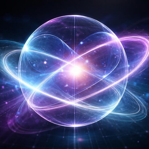 Representação abstrata de partículas quânticas sobrepostas com esferas translúcidas e luzes brilhantes em fundo escuro.