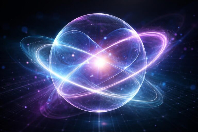 Representação abstrata de partículas quânticas sobrepostas com esferas translúcidas e luzes brilhantes em fundo escuro.
