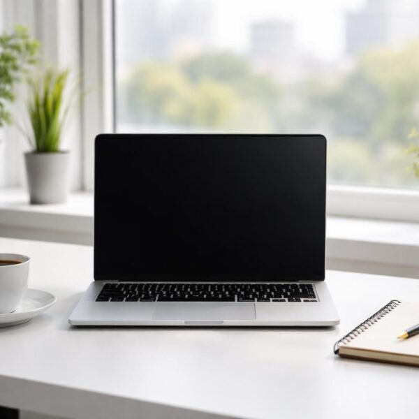 Mesa de escritório moderna com laptop, xícara de café, caderno e caneta, com janela ao fundo mostrando plantas e vista da cidade.