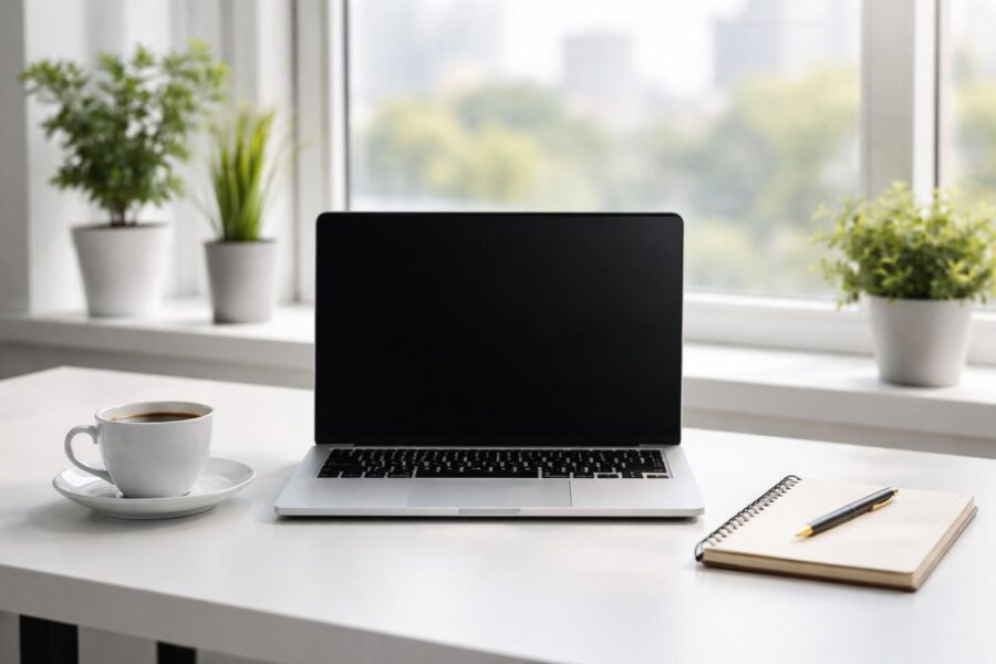 Mesa de escritório moderna com laptop, xícara de café, caderno e caneta, com janela ao fundo mostrando plantas e vista da cidade.