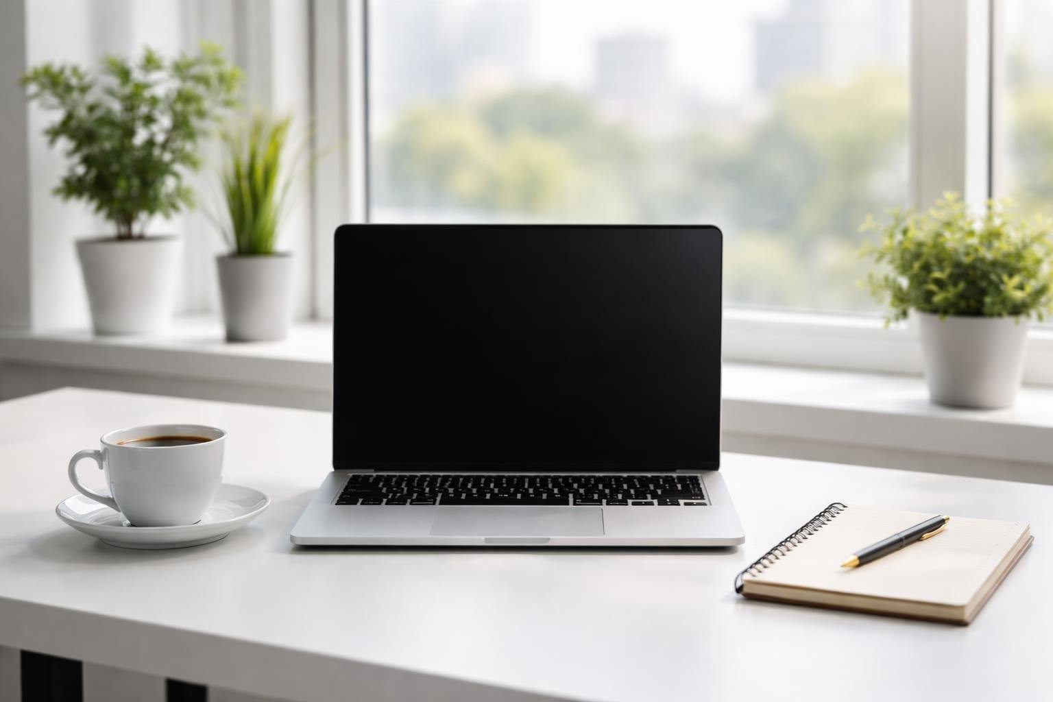 Mesa de escritório moderna com laptop, xícara de café, caderno e caneta, com janela ao fundo mostrando plantas e vista da cidade.