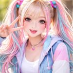 Jovem mulher sorridente com cabelo colorido e expressão animada em fundo desfocado.