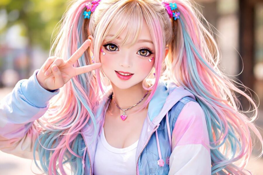 Jovem mulher sorridente com cabelo colorido e expressão animada em fundo desfocado.