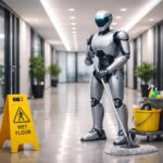 Robô zelador limpando o chão em um corredor de escritório moderno.