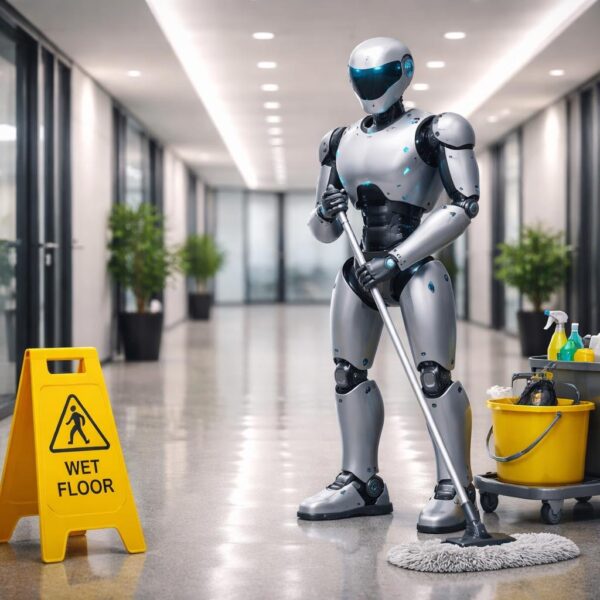 Robô zelador limpando o chão em um corredor de escritório moderno.