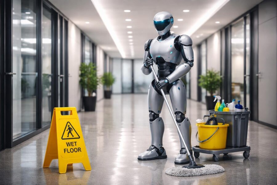 Robô zelador limpando o chão em um corredor de escritório moderno.
