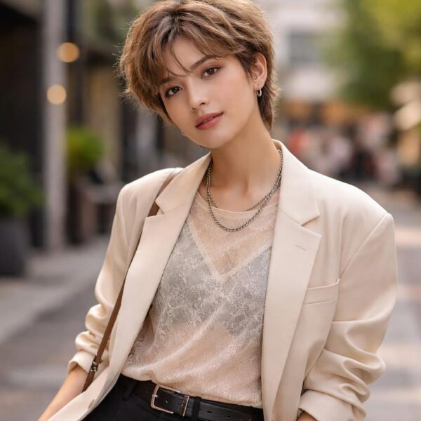 Pessoa jovem com aparência andrógina, vestindo roupas modernas, sorrindo e posando em ambiente urbano.