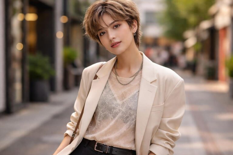 Pessoa jovem com aparência andrógina, vestindo roupas modernas, sorrindo e posando em ambiente urbano.