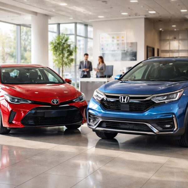 Dois carros modernos, um Toyota vermelho e um Honda azul, exibidos lado a lado em uma concessionária iluminada e limpa.