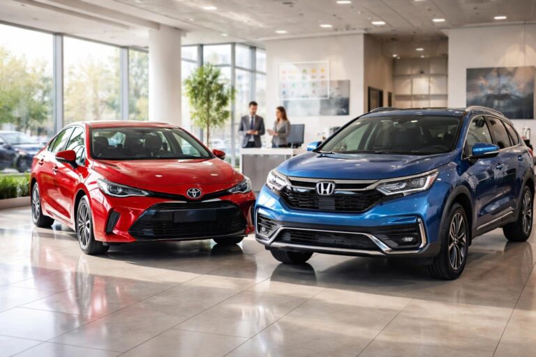 Dois carros modernos, um Toyota vermelho e um Honda azul, exibidos lado a lado em uma concessionária iluminada e limpa.