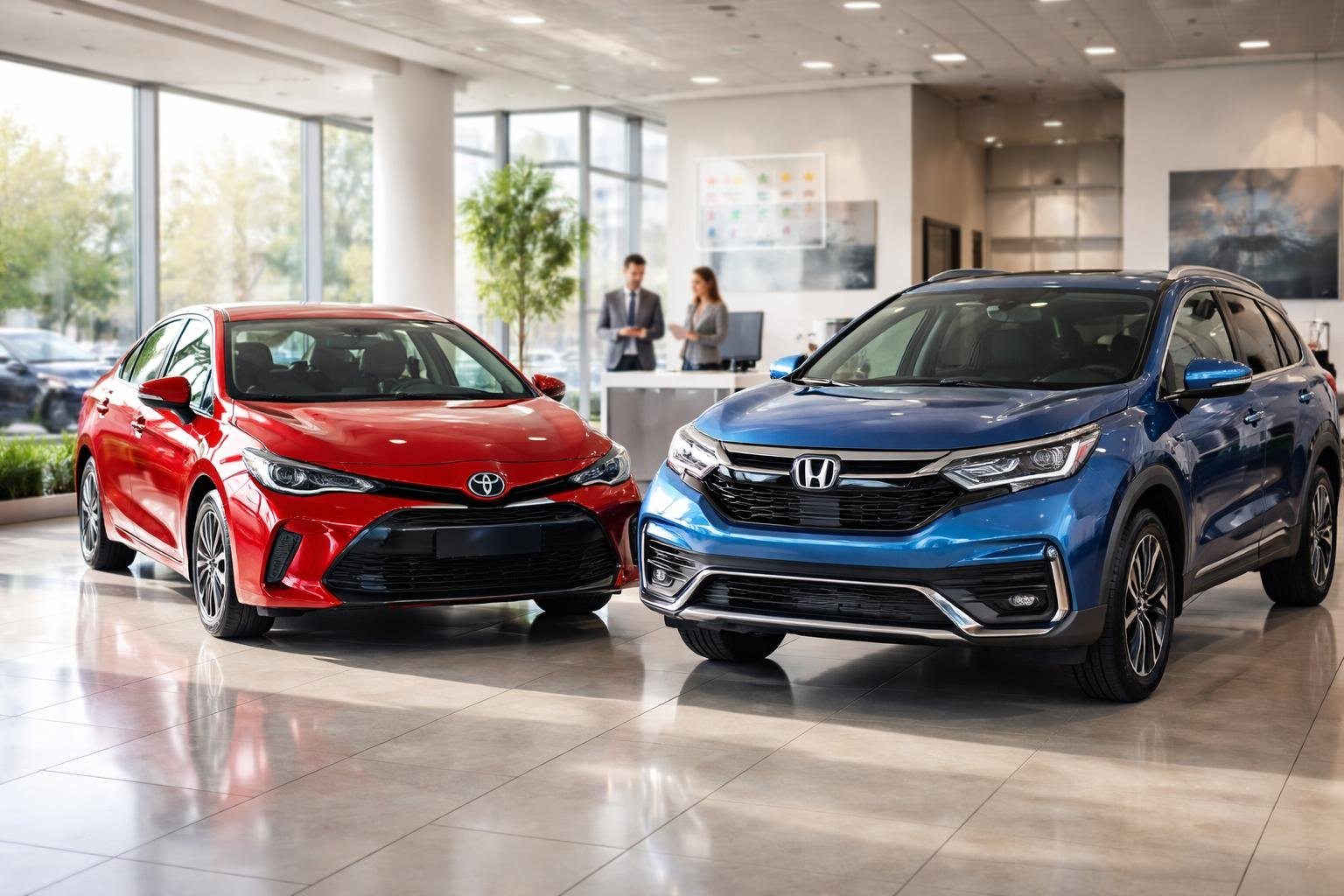 Dois carros modernos, um Toyota vermelho e um Honda azul, exibidos lado a lado em uma concessionária iluminada e limpa.